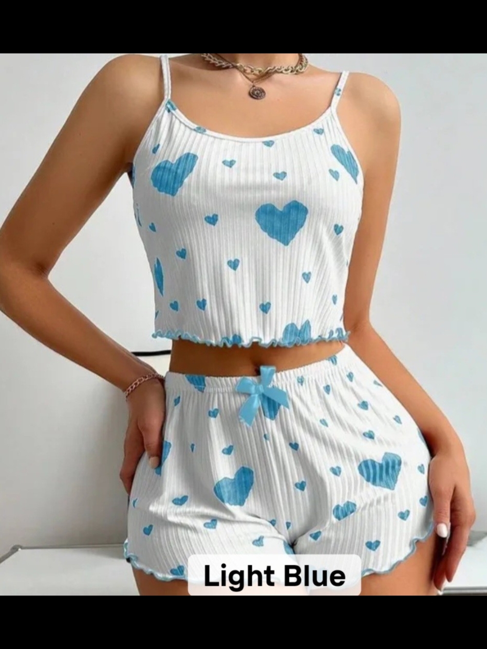 "NIGHTIE"Blue Heart Print Ribbed "Short Set"- Light Blue